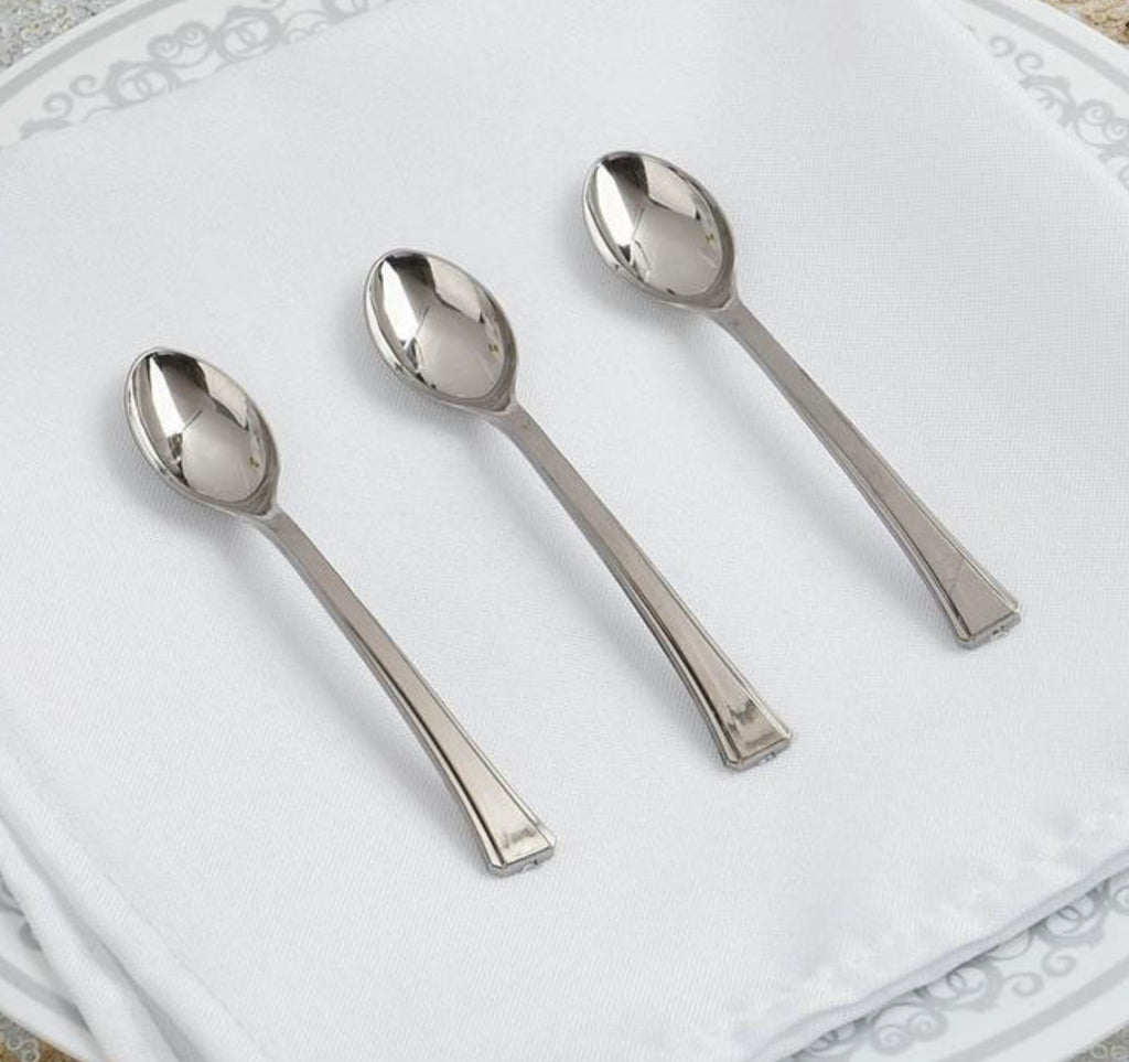 50 Mini Silver 4” Spoons (disposable)