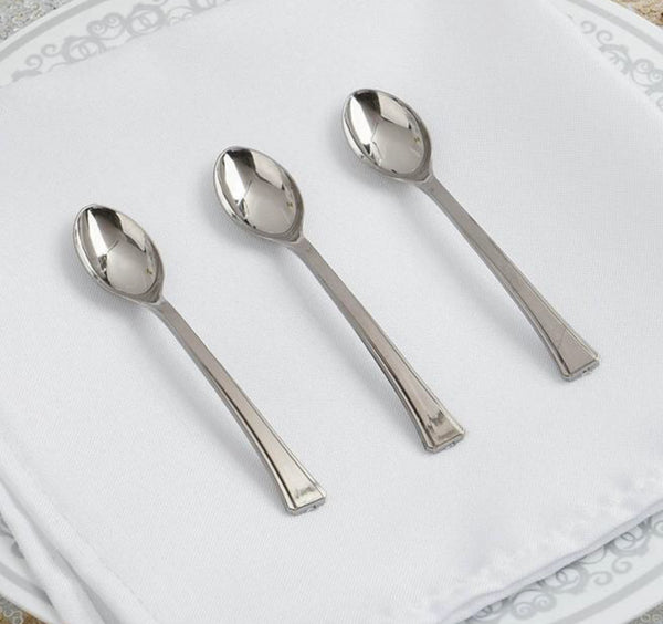 50 Mini Silver 4” Spoons (disposable)